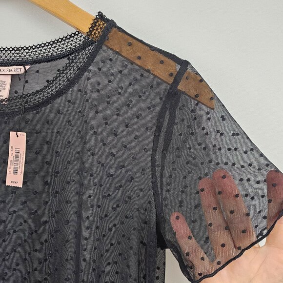 Victorias Secret Sheer Top Black Polka Dot Mesh XS Sexy Whimsigoth Vampy NEW - Picture 8 of 11